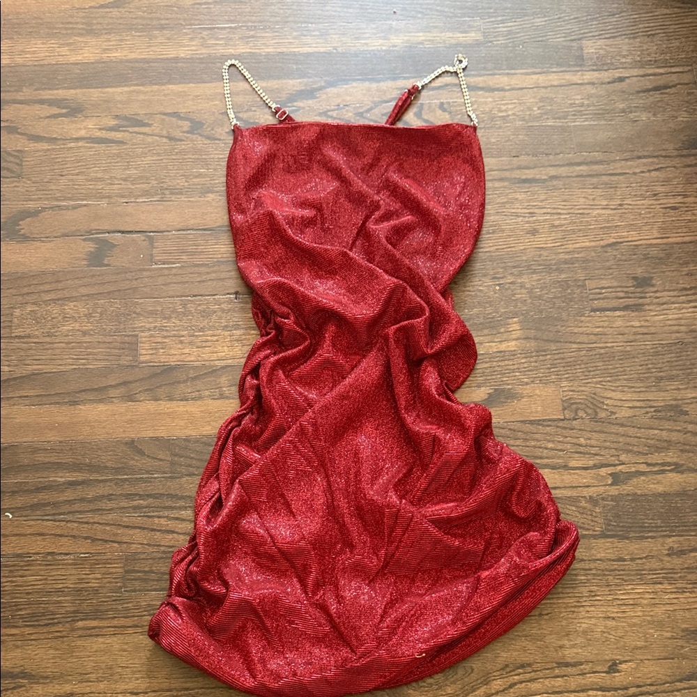 Lucy in the Sky Red Sparkle Chain-Strap Mini Dress
